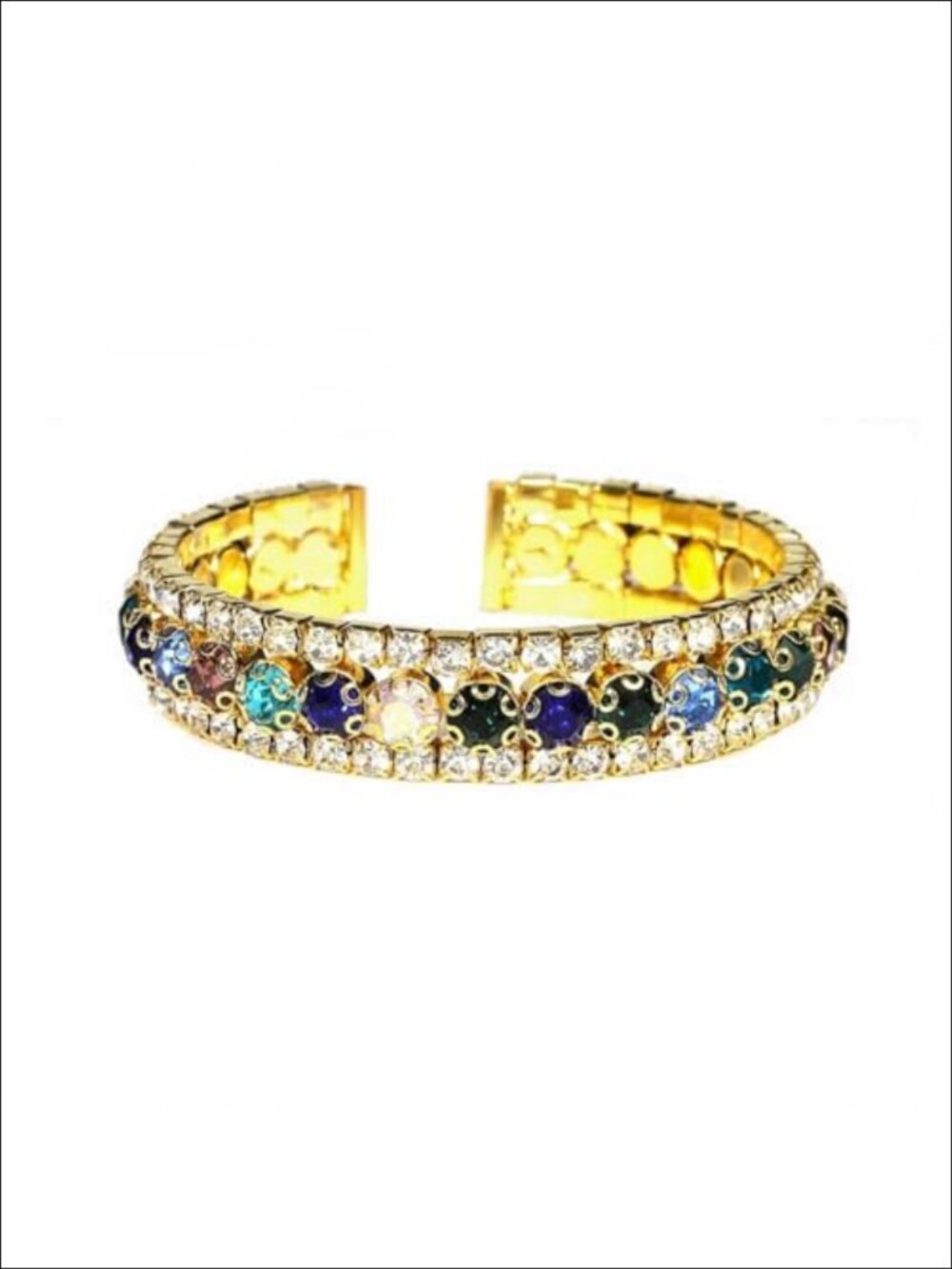 Gold Plated Rhinestone Cuff Bracelet Double Row Crystal Bangle Statement Formal